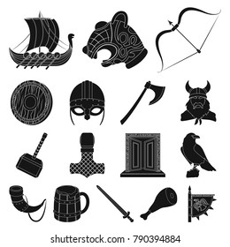 Vikings and attributes black icons in set collection for design.Old Norse Warrior vector symbol stock  illustration.