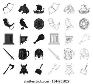 Vikings and attributes black,outline icons in set collection for design.Old Norse Warrior vector symbol stock web illustration.