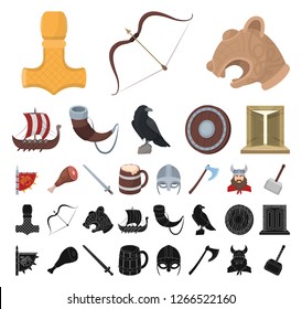 Vikings and attributes cartoon, black icons in set collection for design.Old Norse Warrior vector symbol stock web illustration.