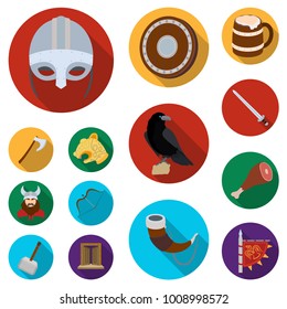Vikings and attributes flat icons in set collection for design.Old Norse Warrior vector symbol stock web illustration.