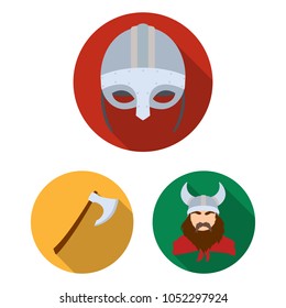 Vikings and attributes flat icons in set collection for design.Old Norse Warrior vector symbol stock web illustration.