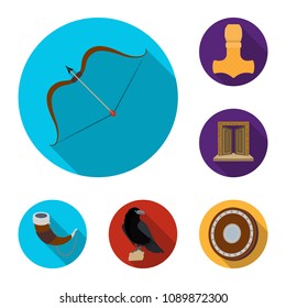 Vikings and attributes flat icons in set collection for design.Old Norse Warrior vector symbol stock web illustration.