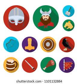 Vikings and attributes flat icons in set collection for design.Old Norse Warrior vector symbol stock web illustration.