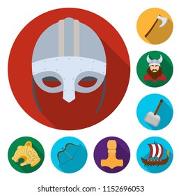 Vikings and attributes flat icons in set collection for design.Old Norse Warrior vector symbol stock web illustration.