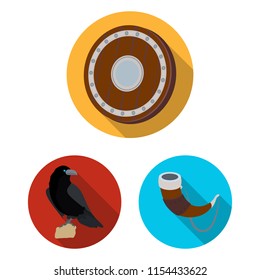 Vikings and attributes flat icons in set collection for design.Old Norse Warrior vector symbol stock web illustration.