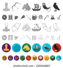 Vikings and attributes flat icons in set collection for design.Old Norse Warrior vector symbol stock web illustration.