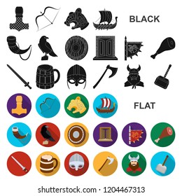 Vikings and attributes flat icons in set collection for design.Old Norse Warrior vector symbol stock web illustration.