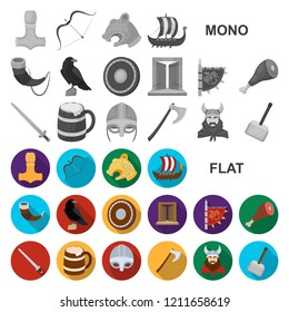 Vikings and attributes flat icons in set collection for design.Old Norse Warrior vector symbol stock web illustration.
