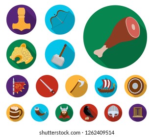 Vikings and attributes flat icons in set collection for design.Old Norse Warrior vector symbol stock web illustration.