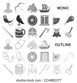 Vikings and attributes monochrom icons in set collection for design.Old Norse Warrior vector symbol stock web illustration.