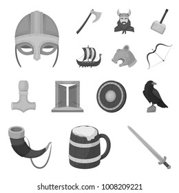 Vikings and attributes monochrome icons in set collection for design.Old Norse Warrior vector symbol stock web illustration.