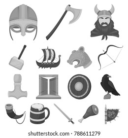 Vikings and attributes monochrome icons in set collection for design.Old Norse Warrior vector symbol stock web illustration.