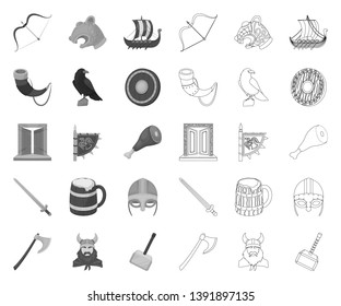 Vikings and attributes mono,outline icons in set collection for design.Old Norse Warrior vector symbol stock web illustration.