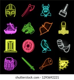 Vikings and attributes neon icons in set collection for design.Old Norse Warrior vector symbol stock web illustration.