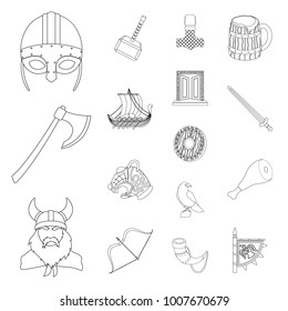 Vikings and attributes outline icons in set collection for design.Old Norse Warrior vector symbol stock web illustration.