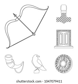 Vikings and attributes outline icons in set collection for design.Old Norse Warrior vector symbol stock web illustration.