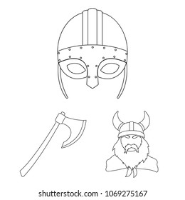 Vikings and attributes outline icons in set collection for design.Old Norse Warrior vector symbol stock web illustration.