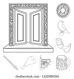 Vikings and attributes outline icons in set collection for design.Old Norse Warrior vector symbol stock web illustration.