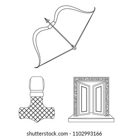 Vikings and attributes outline icons in set collection for design.Old Norse Warrior vector symbol stock web illustration.