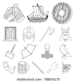 Vikings and attributes outline icons in set collection for design.Old Norse Warrior vector symbol stock web illustration.