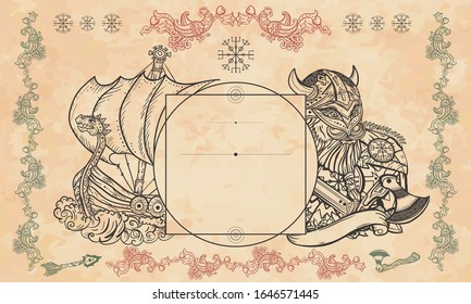 Vikings background. Medieval barbarian and long boat. Scandinavian culture. Valhalla art. Northern history template 