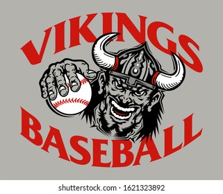 vikings baseball team design with mascot holding ball for school, college or league