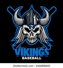 vikings baseball team design with skull mascot and crossed bats for school, college or league