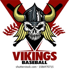 vikings baseball team design with stitches and skull mascot for school, college or league