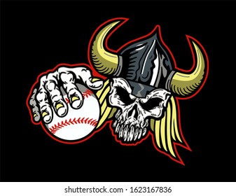 vikings baseball team skull mascot holding ball for school, college or league