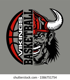 vikings basketball team design with ball and half mascot for school, college or league