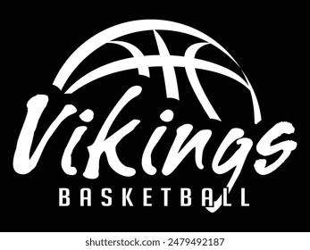 Vikings Basketball Team Graphic White Version is a sports design template that includes graphic Vikings text and a stylized basketball. This is a great modern design for advertising and promotions.