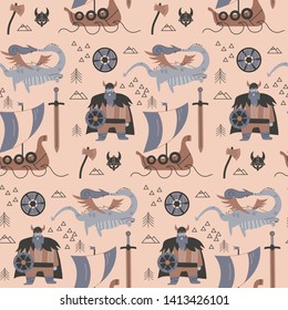 Vikings cartoon style seamless pattern