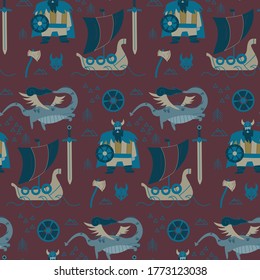 Vikings cartoon style seamless pattern for kids