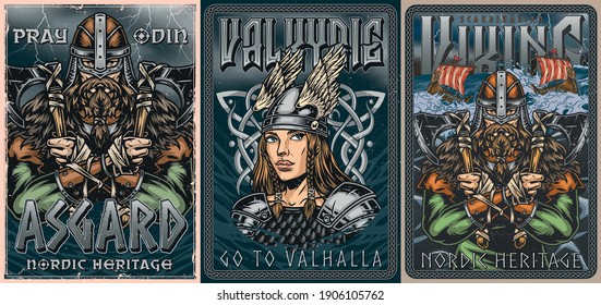 Vikings colorful vintage posters set with bearded scandinavian medieval warrior holding battle axes and pretty valkyrie in metal armor and winged helmet vector illustration