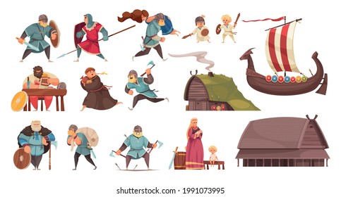 Vikings Culture Traditions Kids Wooden House Meal Longship Boat Weapon Armor Robbing Lifestyle Cartoon Set Vector Illustration