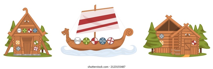 The Vikings. Drakkar, Wooden Sail Boat, Wooden House. Scandinavian Mythologyy Characters Norway