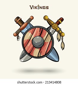 Viking's emblem. Medieval weapons. Game icons. Cartoon arms.