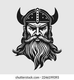 Wikings Gesicht in einem Helm mit Hörnern. Skandinavisches Logo-Design