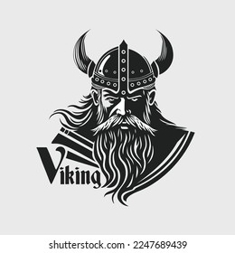 Viking's face in a helmet with horns. Scandinavian warrior logo design. Tattoo style. Vector illustration