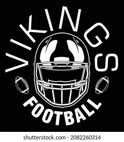 Vikings Football One Color - White is a team design template that includes text, two footballs and a football helmet. Great for Vikings t-shirts, mugs, advertising and promotion for teams or schools.