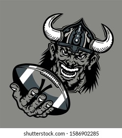 vikings football team design with mascot holding ball in hand for school, college or league