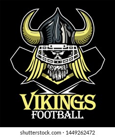 vikings football team design with skull mascot wearing facemask and horns for school, college or league