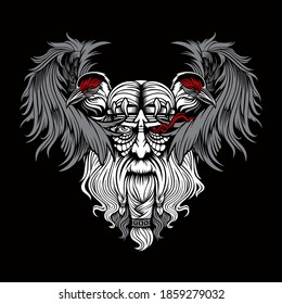 Vikings god Odin with two ravens t-shirt vector design black background
