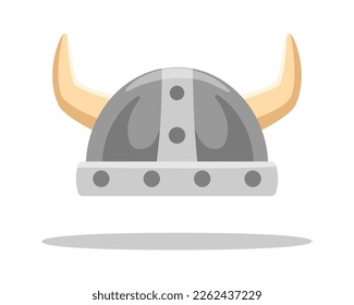 El casco con cuernos de viking con sombra sobre fondo de luz. Escandinavia, objeto guerrero norsemano. Cultura nórdica. Contorno, plano y de color. Diseño plano. 