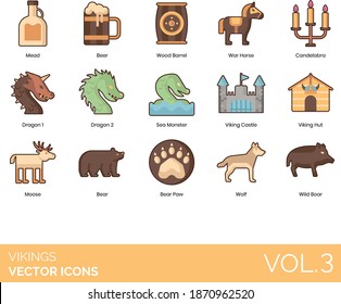 Vikings icons including mead, beer, wood barrel, war horse, candelabra, dragon, sea monster, castle, hut, moose, bear paw, wolf, wild boar.