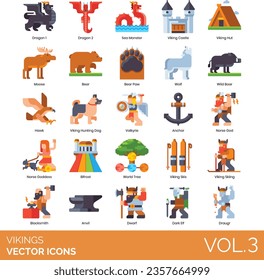 Vikings icons including mead, beer, wood barrel, war horse, candelabra, dragon, sea monster, castle, hut, moose, bear paw, wolf, wild boar.
