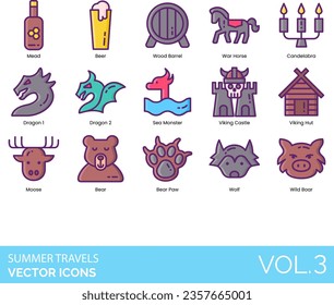 Vikings icons including mead, beer, wood barrel, war horse, candelabra, dragon, sea monster, castle, hut, moose, bear paw, wolf, wild boar.