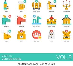 Vikings icons including mead, beer, wood barrel, war horse, candelabra, dragon, sea monster, castle, hut, moose, bear paw, wolf, wild boar.