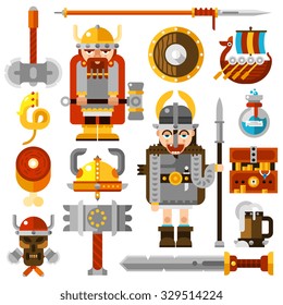 Vikings icons set with sword hammer and shield flat isolated vector illustration 
