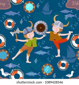 Vikings kids cartoon seamless pattern vector 
